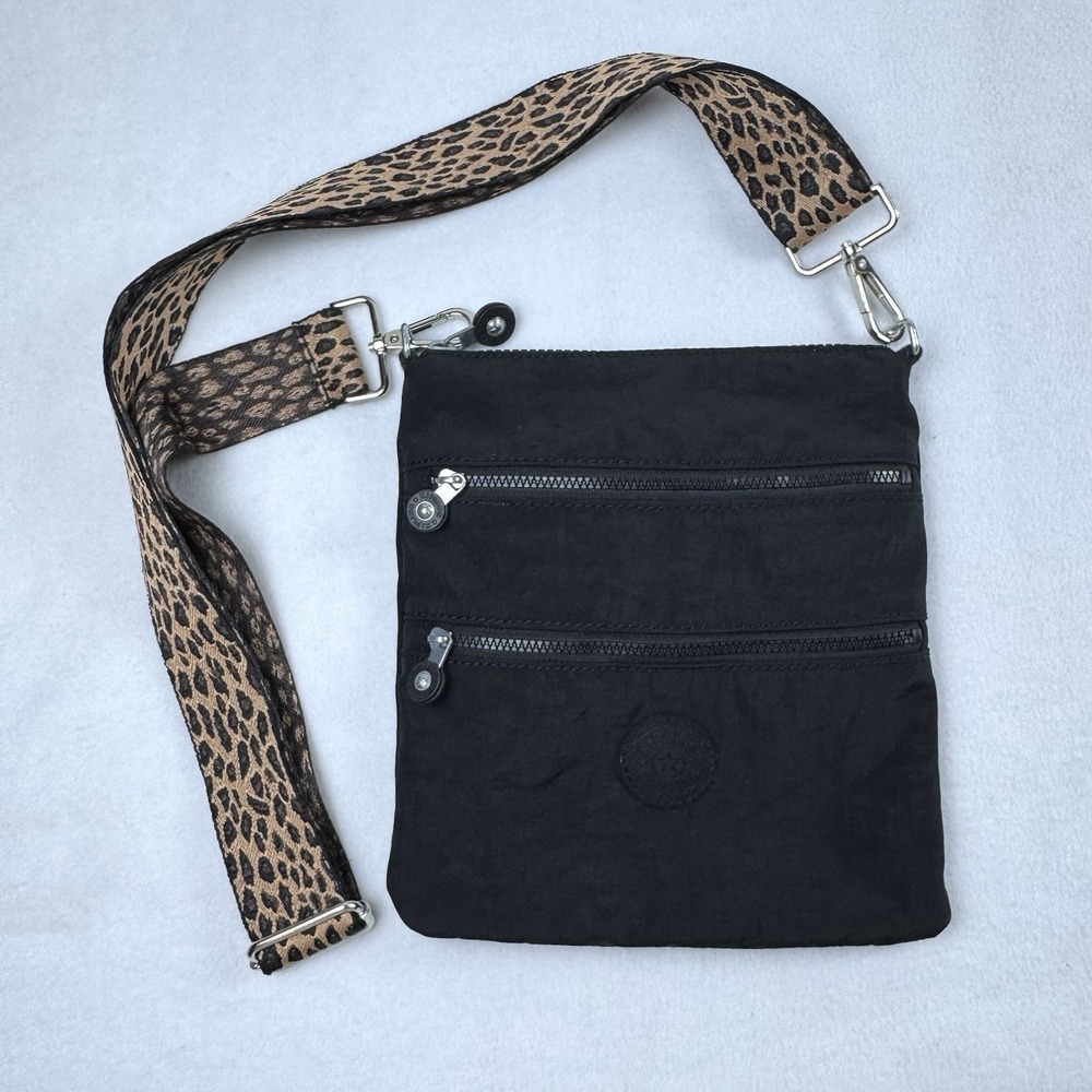 Kipling Keiko Crossbody Mini Bag Black Animal Print Leopard Strap Adjustable